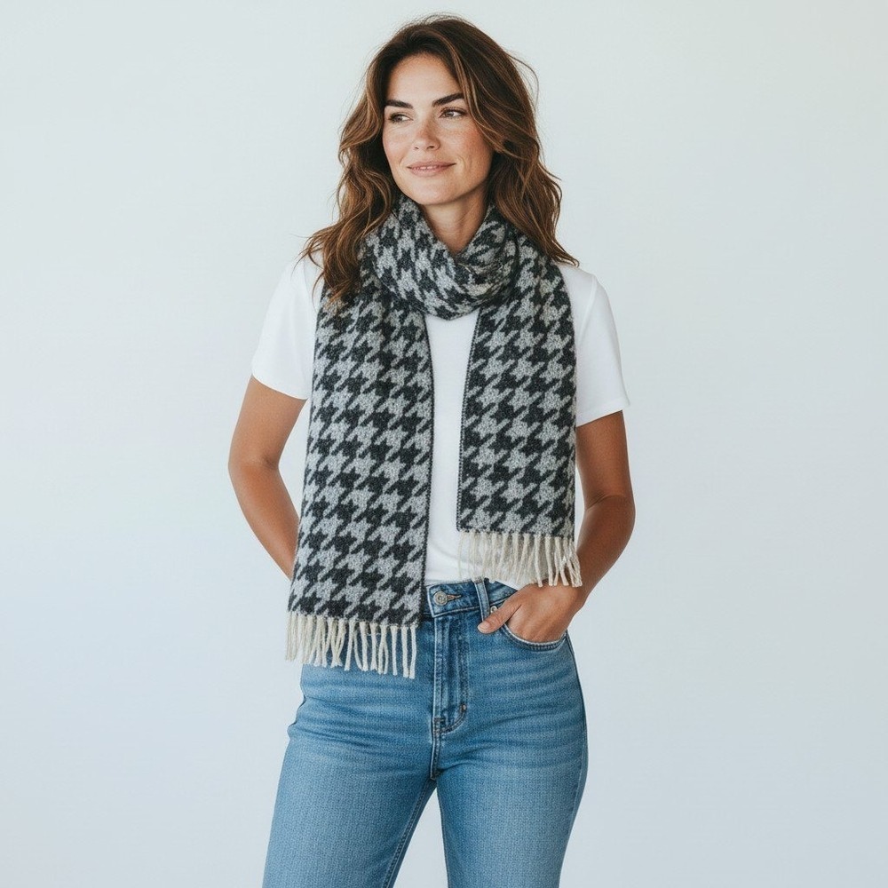 NWT Steve Madden Houndstooth black Scarf Fringe RTL $42 timeless classic preppy